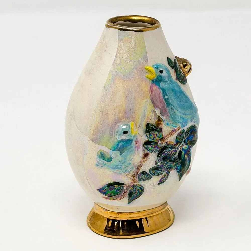 Signed 1972 Studio Pottery 4.5” Lusterware Vase Birds Relief Gold Trim